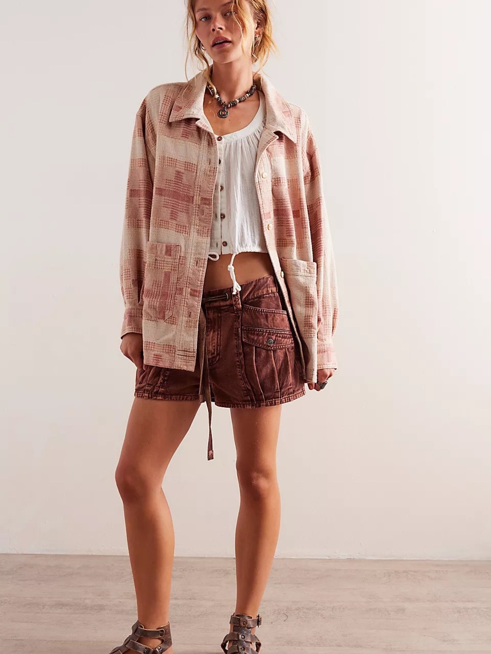 Free People Pink & Cream Keep it Cozy Flannel Shirt